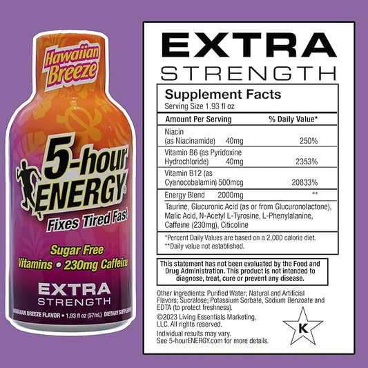 5-hour ENERGY Extra Strength Energy Shot, Hawaiian Breeze Flavor (1.93 oz. - 24 Count) Zero Calories & Sugar-Free 230 mg Caffeinated Energy Shot, Amino Acids & B Vitamins, Dietary Supplements