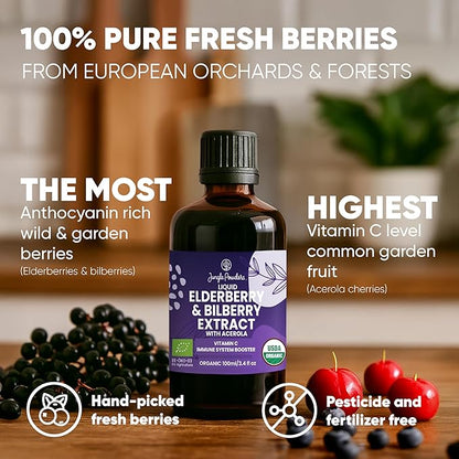 Sambucus Elderberry Immune Support Supplement with Bilberry & Acerola Syrup USDA Organic 3 . 4oz Bottle of Liquid Wild Bilberry Extract for Eyes Alcohol-Free High Bioavailability Anthocyanin Vitamin C