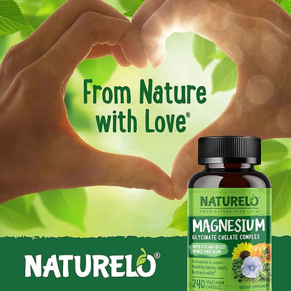 NATURELO Magnesium Glycinate Chelate Complex - 200 mg Magnesium with Organic Vegetables to Support Sleep, Calm, Muscle Cramp & Stress Relief - Gluten Free, Non GMO - 240 Capsules