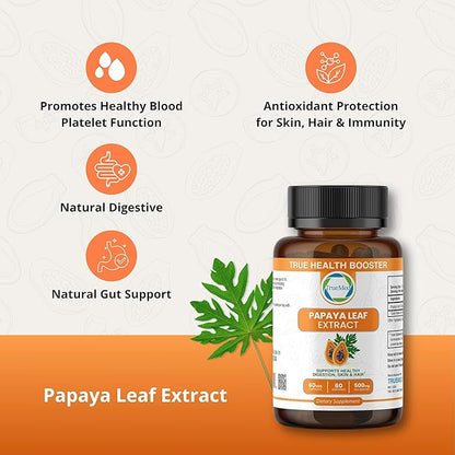 Papaya Leaf Extract 500 mg for Hair, Skin with 4X Extra Strength Support Blood Platelet with 60 Capsules for 60 Days Supports Digestive Health & Natural Antioxidant