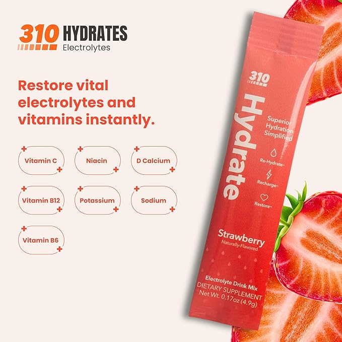 310 Hydrate Electrolytes Powder Packets - No Sugar Hydration Packets with Key Vitamins & Minerals - Keto Friendly - Tasty Sugar Free Electrolyte Drink - 30 Single Servings - Strawberry