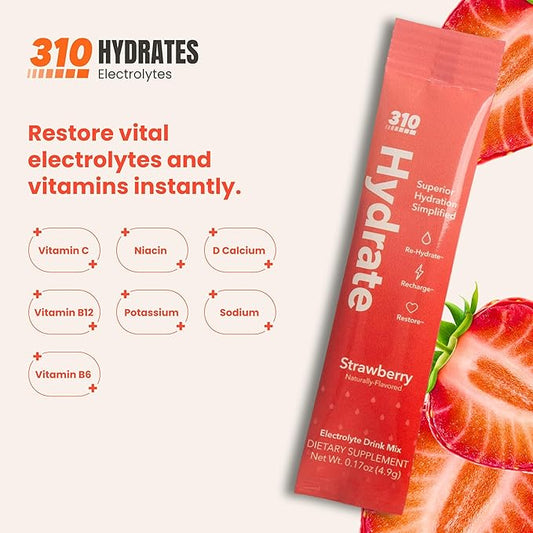 310 Hydrate Electrolytes Powder Packets - No Sugar Hydration Packets with Key Vitamins & Minerals - Keto Friendly - Tasty Sugar Free Electrolyte Drink - 30 Single Servings - Strawberry