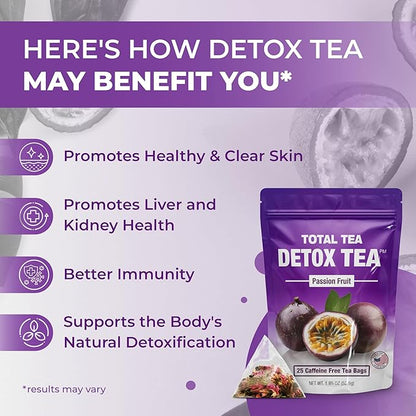 Total Tea SIimming Detox Tea Caffeine Free - 25 Day Detox - Herbal Tea with Chamomile, Hibiscus Tea & Ginger Root for Colon Cleanse – Natural Passion Fruit Herbal Tea
