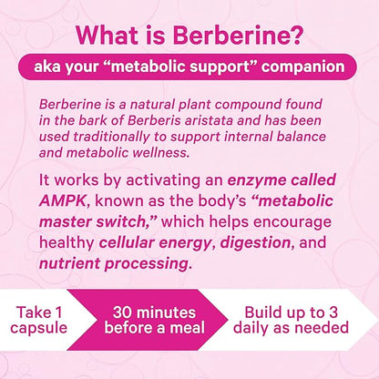 Pink Stork Berberine 500mg - Nature's GLP-1 Supplement - Daily AMPK Metabolic Activator - 500-1000 mg Metabolism + Gut Health for Women | Third-Party Tested | Vegan | Non-GMO| 30 Capsules