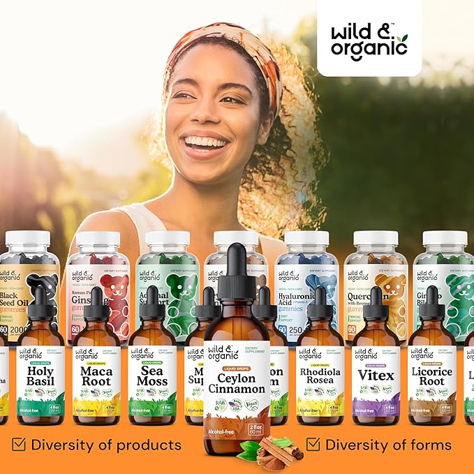 Wild & Organic Ceylon Cinnamon Extract Liquid Drops 500mg - Liquid Cinnamon Supplements for Overall Support - Cinnamomum Verum Bark Tincture - Vegan, Sugar & Alcohol-Free, Non-GMO - 2 fl oz