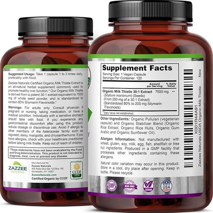 Zazzee USDA Organic Milk Thistle 30:1 Extract, 7500 mg Strength, 120 Vegan Capsules, 80% Silymarin Flavonoids, Standardized and Concentrated 30X Extract, 100% Vegetarian, All-Natural and Non-GMO