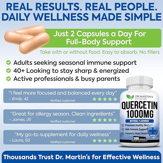1000mg Quercetin - 200 Capsules | Immune Support, Antioxidant for Seasonal Sinus Relief & Cardiovascular Health | Maintains Inflammatory & Immune Responses | Men & Women
