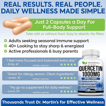 1000mg Quercetin - 200 Capsules | Immune Support, Antioxidant for Seasonal Sinus Relief & Cardiovascular Health | Maintains Inflammatory & Immune Responses | Men & Women