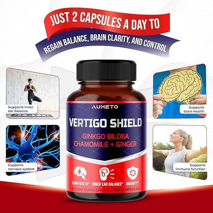 Vertigo Support Complex with Ginkgo Biloba, Chamomile, Ginger, Vitamin D3, B12 - Advanced 14-in-1 Formula for Spinning Dizziness Inner Ear Balance* - Made in The USA