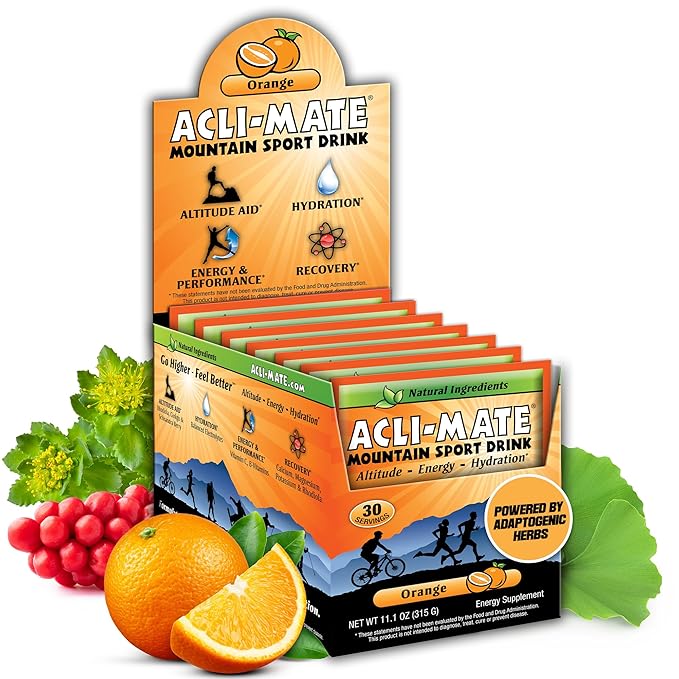 Acli-Mate Mountain Sport Drink Mix - Energy Powder Supplement - High Altitude Acclimatization Hydration - Recovery Drink for Running, Cycling, Hiking, Workout, Skiing, Travel & More (30 CT, Orange)