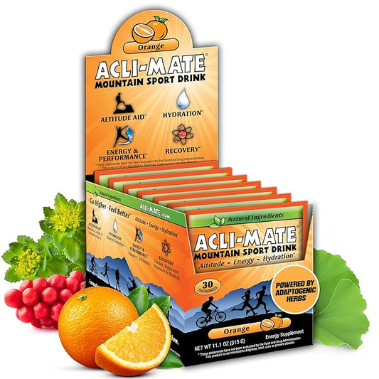 Acli-Mate Mountain Sport Drink Mix - Energy Powder Supplement - High Altitude Acclimatization Hydration - Recovery Drink for Running, Cycling, Hiking, Workout, Skiing, Travel & More (30 CT, Orange)