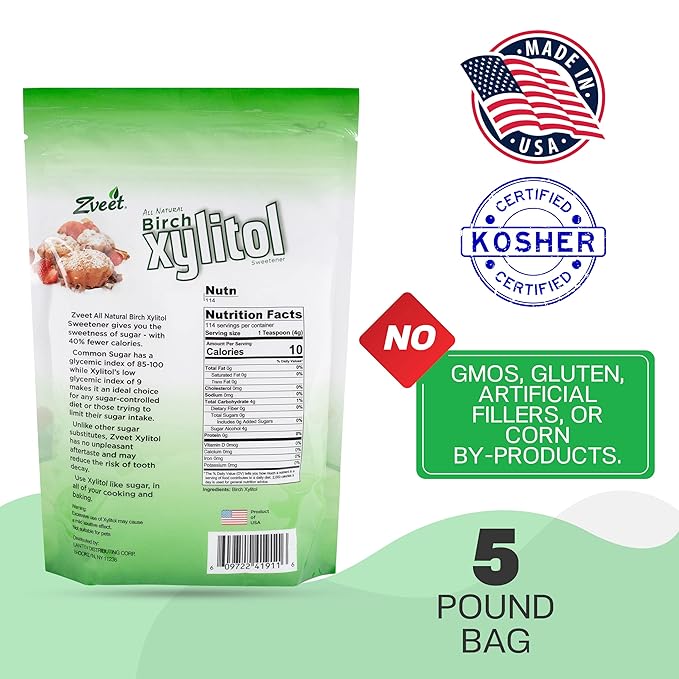 Zveet Birch Xylitol Sweetener | Keto Friendly, Non GMO Low Carb & Calorie Natural Sweetener Sugar Substitute | Kosher & Made in the USA | 5 Pound