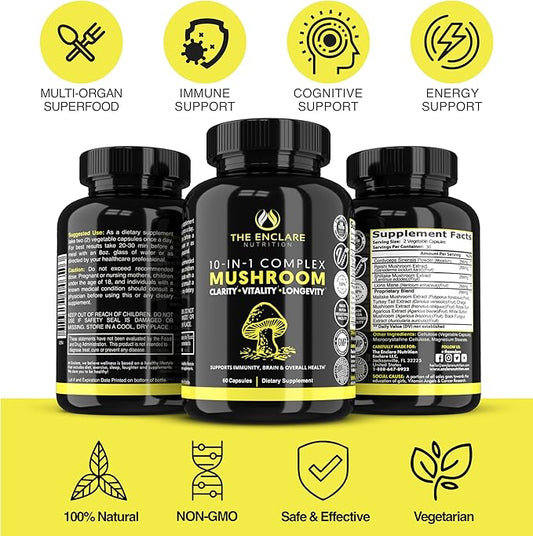 THE ENCLARE NUTRITION Mushroom Supplement 10in1 Complex Immune Support Lions Mane, Reishi, Turkey Tail, Cordyceps, Chaga, Maitake, Shiitake, Agaricus: Nootropic Brain, Energy Booster (1)