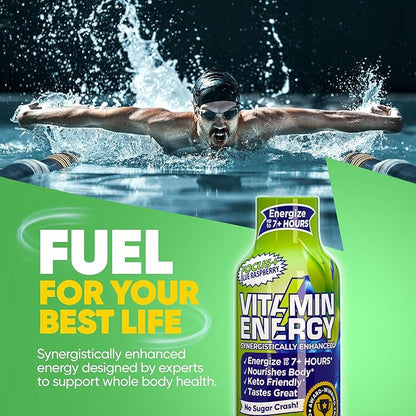 Vitamin Energy Focus+ Extra Strength Energy Shot Blue Raspberry 24 Pack, 260mg Natural Caffeine, B-Vitamins, CoQ10, Amino Acids, Focus, Productivity & Clarity, Zero Sugar, Gluten-Free, 1.93 fl oz