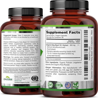 Zazzee USDA Organic Holy Basil 10:1 Extract, 6000 mg Strength, 120 Vegan Capsules, Concentrated and Standardized 10X Tulsi Extract, Ursolic Acid, 100% Certified Organic, Non-GMO