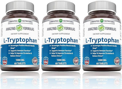 Amazing Formulas L-Tryptophan 1000mg Tablets Supplement | Non-GMO | Gluten Free | Made in USA (60 Count | 3 Pack)