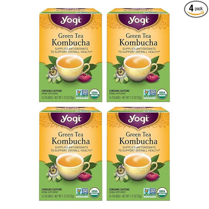 Yogi Tea Green Kombucha Tea - 16 Bags per Pack (4 Packs) - Organic - With Kombucha to Support Overall Health - Includes Lemongrass, Spearmint Leaf & More