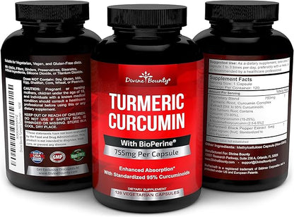 Turmeric Curcumin with BioPerine Black Pepper Extract - 755mg per Capsule, 120 Veg. Capsules - GMO Free Tumeric, Standardized to 95% Curcuminoids for Maximum Potency