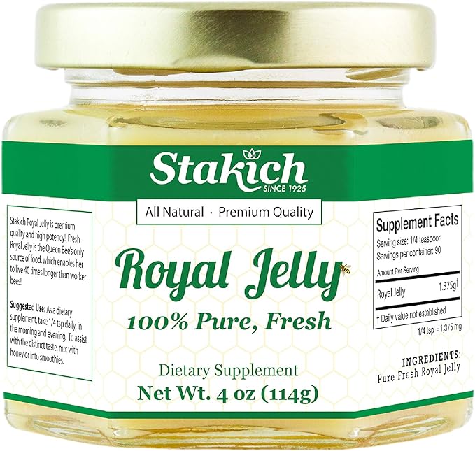 Stakich Fresh Royal Jelly - Pure, All Natural - No Additives/Flavors/Preservatives Added - 4 Ounce (114 Gram)
