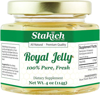 Stakich Fresh Royal Jelly - Pure, All Natural - No Additives/Flavors/Preservatives Added - 4 Ounce (114 Gram)
