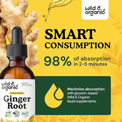 Wild & Organic Ginger Extract Liquid Drops - Immune & Digestive Support - Liquid Ginger Root Supplement - Vegan, Sugar & Alcohol-Free Tincture - 2 fl oz