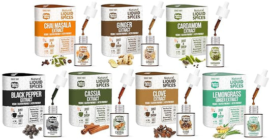 Spice Drop Variety Combo Pack Of 7 |Chai Masala, Cardamom, Ginger, Lemongrass, Cinnamon, Clove, And Black Pepper Extract| Vegan | Natural Extracts |180 Drops Each | 0.17 Oz * Set Of 7