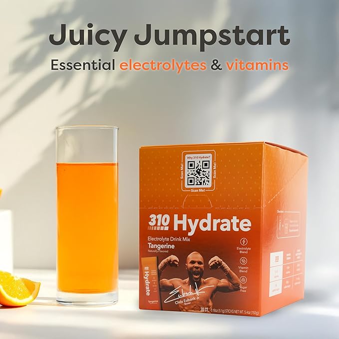 310 Nutrition Hydrate Electrolyte Powder Packets – Chris Eubank Jr. Edition – Electrolytes & B Vitamins – Keto Friendly Drink Mix – On-The-Go Hydration – 15 Single Serve Packets, Tangerine Flavor