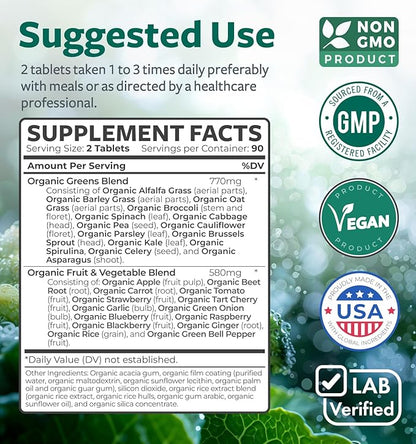 USDA Organic Super Greens Supplement - Organic Greens Fruits and Vegetable Supplement for Adults with 28 Superfood Complex with Superfruits Roots Herbs & More - Vegan & Non-GMO (Up to 3 Month Supply)