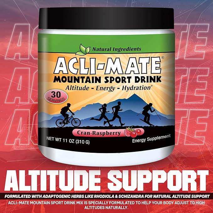 Acli-Mate Mountain Sport Drink Mix - Energy Powder Supplement - High Altitude Acclimatization Hydration - Recovery Drink for Running, Cycling, Hiking, Workout, Travel & More - 1 Tub (CranRaspeberry)