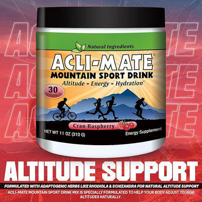 Acli-Mate Mountain Sport Drink Mix - Energy Powder Supplement - High Altitude Acclimatization Hydration - Recovery Drink for Running, Cycling, Hiking, Workout, Travel & More - 1 Tub (CranRaspeberry)