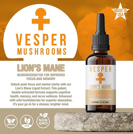 Vesper Lion’s Mane Mushroom Liquid Extract - Double Extraction with Wild Huckleberries for Brain Health, Cognitive Support, Focus & Immune Wellness, USA-Grown, for Clarity & Mental Performance – 2oz