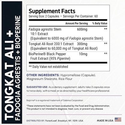 Tongkat Ali and Fadogia Agrestis for Men Supplement w/BioPerine - Tonkat-Ali Max Strength 200:1 Extract - Long Jack Tongkat-ali for Men - Muscle Growth, Performance & Energy - 120 Powder Capsules