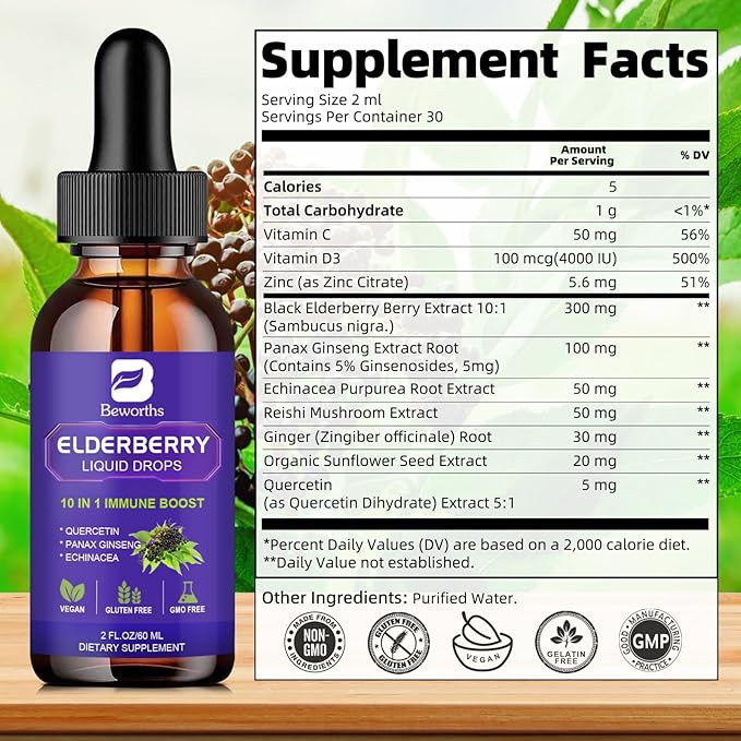 2 Pack Elderberry Syrup, Black Elderberry Drops with Quercetin, Panax Ginseng, Vitamin C and Zinc, Sambucus Elderberry Syrup Liquid for Immune Support, Vegan, Non-GMO & Gluten Free
