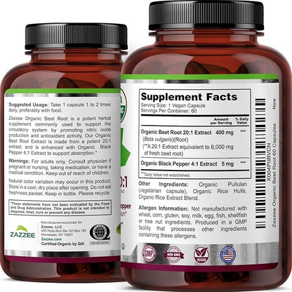 Zazzee USDA Organic Beet Root 8000 mg Strength 20:1 Extract, 60 Vegan Quick Release Capsules, Black Pepper Extract for Enhanced Absorption, Supports Nitric Oxide Production, Non-GMO, Made in The USA