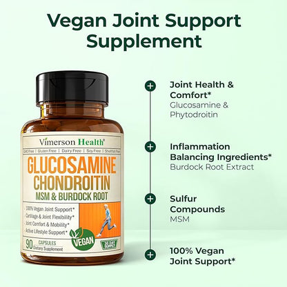 Vegan Glucosamine Chondroitin MSM - 100% Vegan Joint Support Supplement for Women & Men with Burdock and Glucosamine Sulfate 1500 mg. Used for Cartilage and Joint Health and Flexibility - 90 Capsules