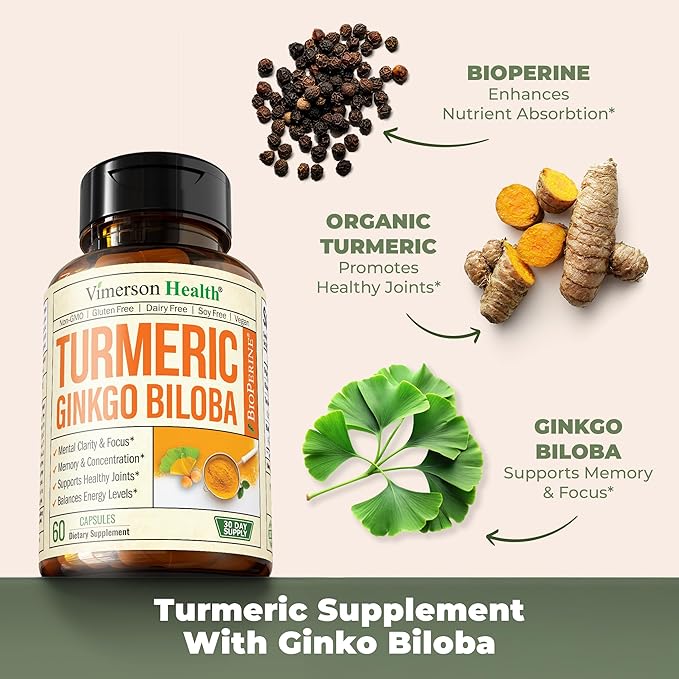Turmeric Curcumin Supplement with Ginkgo Biloba & Black Pepper – Natural Turmeric Supplement with Organic Tumeric for Joint Support, Brain Clarity, Focus & Memory – Vegan, 60 Ginko Biloba Capsules