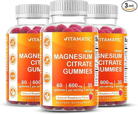 Vitamatic Magnesium Gummies 600mg per Serving – 60 Vegan Gummies – Relaxation, Muscle, Bone & Energy Support – 3 Pack