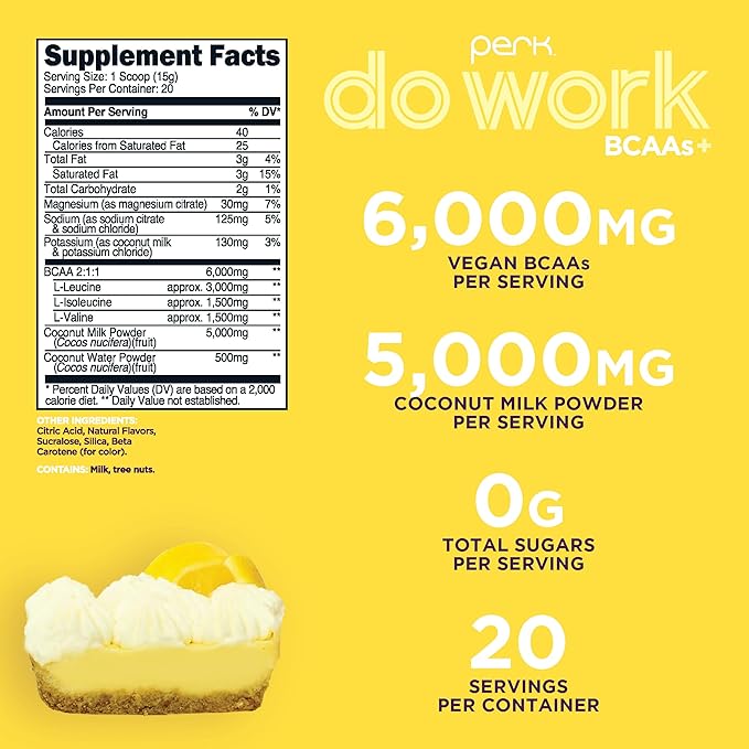 Perk BCAAs + Hydration Electrolytes Powder (Lemon Tart Flavored, 20 Servings) - with Coconut Water and Coconut Milk