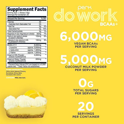 Perk BCAAs + Hydration Electrolytes Powder (Lemon Tart Flavored, 20 Servings) - with Coconut Water and Coconut Milk