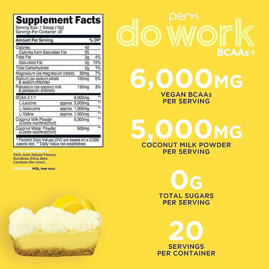 Perk BCAAs + Hydration Electrolytes Powder (Lemon Tart Flavored, 20 Servings) - with Coconut Water and Coconut Milk