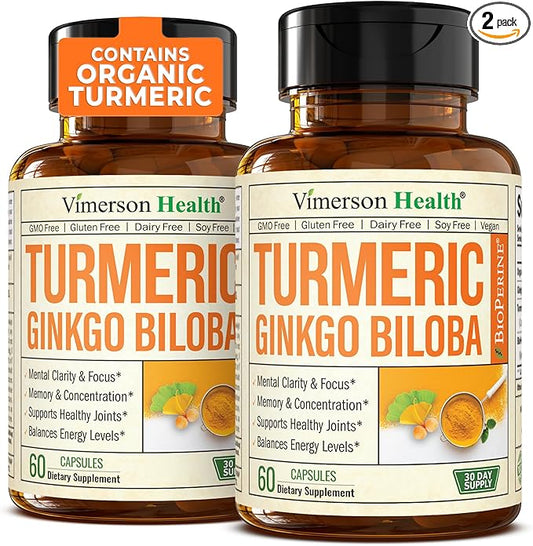 Turmeric Curcumin Supplement with Ginkgo Biloba & Black pepper – Natural Turmeric Supplement with Organic Tumeric for Joint Support, Brain Clarity, Focus & Memory – Vegan Ginko Biloba Capsules. 2 Pack