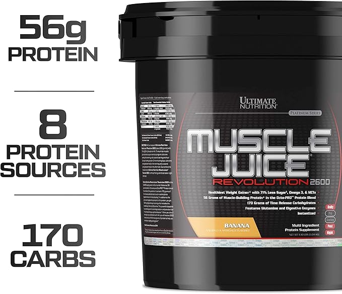 Ultimate Nutrition Muscle Juice 2600 Revolution, Weight Gain Drink Mix - Mass Gainer Workout Powder Supplement for Lean Muscle Growth & Recovery with 56g Protein Blend - Banana, 11.105lb