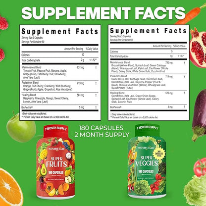 Nature's Core Fruit and Veggie Supplement - 360 Capsules -100% Whole Super Fruit and Super Vegetable Supplements & Vitamin, Made in USA, Soy Free, Vegan- (180 Count Pack of 2)