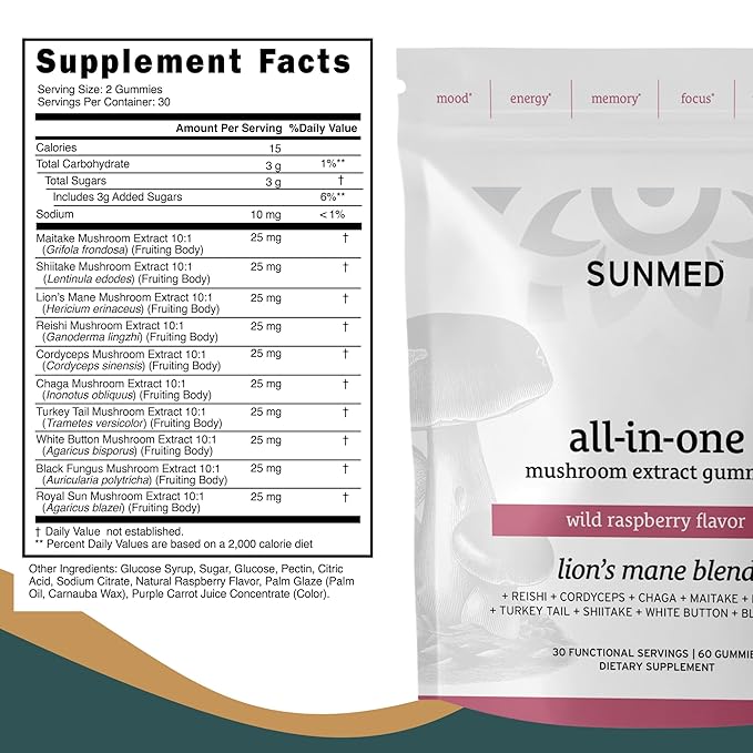 All-in-One Mushroom Gummy Supplements for Focus, Energy, Mood & Immune Support – 10 Functional Mushrooms (Lion’s Mane, Reishi, Cordyceps, Chaga) | Wild Raspberry Flavor, 60ct
