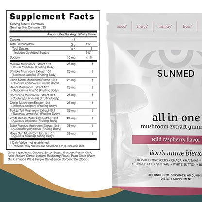 All-in-One Mushroom Gummy Supplements for Focus, Energy, Mood & Immune Support – 10 Functional Mushrooms (Lion’s Mane, Reishi, Cordyceps, Chaga) | Wild Raspberry Flavor, 60ct