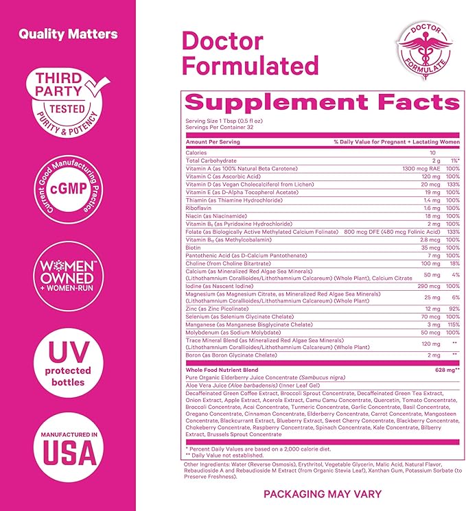 Pink Stork Liquid Prenatal Vitamins for Women - Berry Flavor - Organic Food Blend - for Fertility, Pregnancy, Postpartum- Morning Sickness Support - Breastfeeding and Lactation - 32 Servings