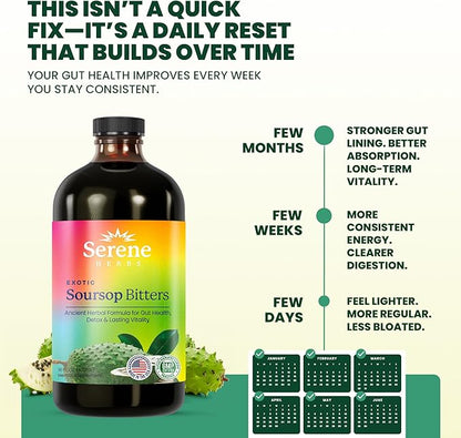 Soursop Bitters Liquid - Organic Herbal Sour SOP Guanabana Detox with Black Seed, Moringa & Ginger - Supports Digestive Wellness & Immune Function - 16 fl oz