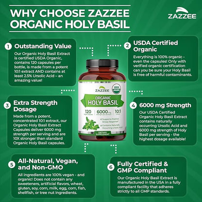Zazzee USDA Organic Holy Basil 10:1 Extract, 6000 mg Strength, 120 Vegan Capsules, Concentrated and Standardized 10X Tulsi Extract, Ursolic Acid, 100% Certified Organic, Non-GMO