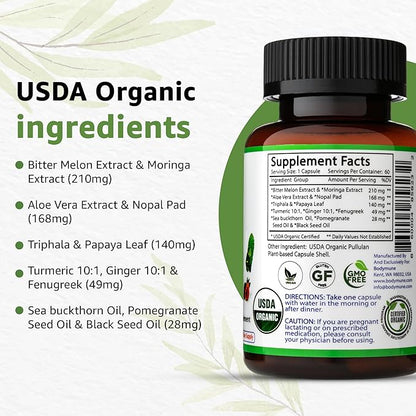 USDA Organic Blood Sugar Blend | Supports Healthy Metabolism* | with Bitter Melon, Moringa, Aloe Vera, Nopal, Papaya Extracts & More | 30-Day Supply | Vegan & Non-GMO | USA-Made