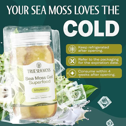 TrueSeaMoss Sea Moss Gel – Made in USA – Wildcrafted Seamoss, Fresh Fruits & Sea Vegetables – Soursop, Pack of 1 (Labels may Vary)